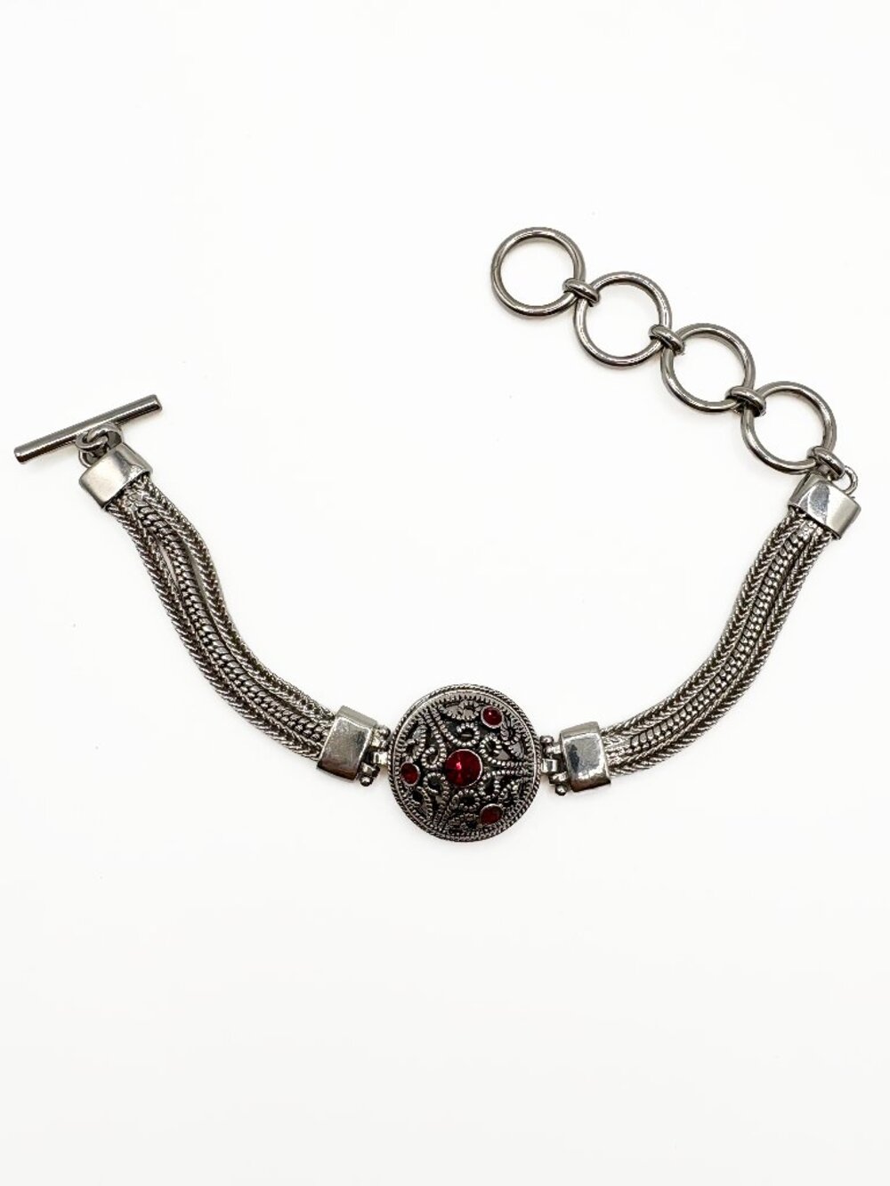 Silver Tone Red Rhinestone Multistrand Bracelet